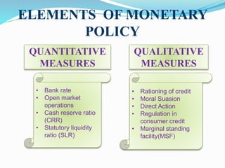 ELEMENTS OF MONETARY
POLICY
QUANTITATIVE
MEASURES
QUALITATIVE
MEASURES
• Bank rate
• Open market
operations
• Cash reserve ratio
(CRR)
• Statutory liquidity
ratio (SLR)
• Rationing of credit
• Moral Suasion
• Direct Action
• Regulation in
consumer credit
• Marginal standing
facility(MSF)
 