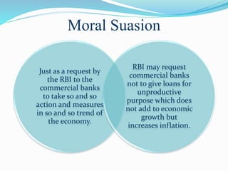 Moral Suasion
Just as a request by
the RBI to the
commercial banks
to take so and so
action and measures
in so and so trend of
the economy.
RBI may request
commercial banks
not to give loans for
unproductive
purpose which does
not add to economic
growth but
increases inflation.
21Monetary Policy
 