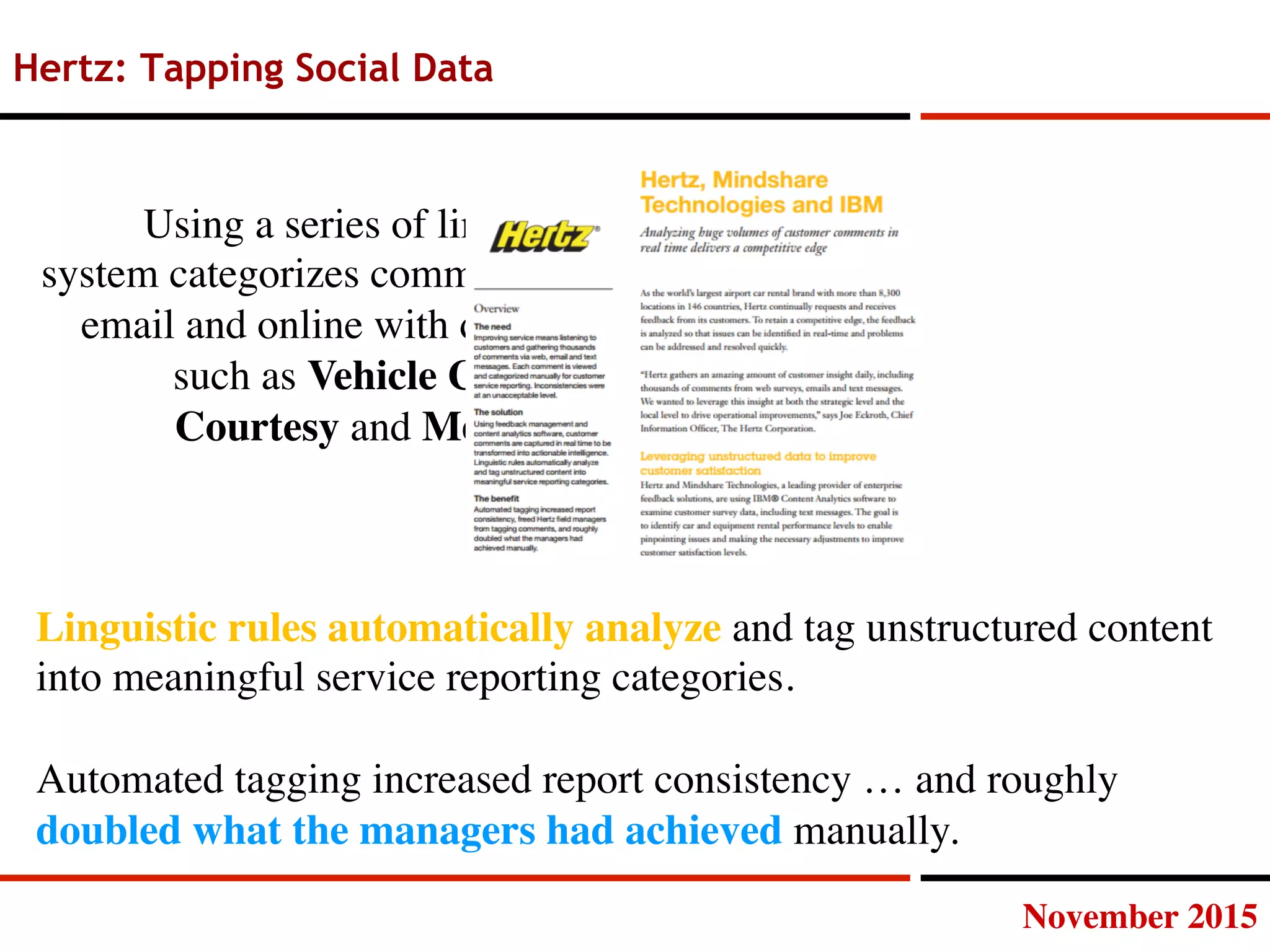November 2015
Hertz: Tapping Social Data
Using a series of linguistic rules, the
system categorizes comments received via
email and online with descriptive terms,
such as Vehicle Cleanliness, Staff
Courtesy and Mechanical Issues.
Linguistic rules automatically analyze and tag unstructured content
into meaningful service reporting categories.

Automated tagging increased report consistency … and roughly
doubled what the managers had achieved manually.
 