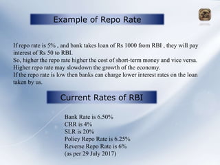 Example of Repo Rate
If repo rate is 5% , and bank takes loan of Rs 1000 from RBI , they will pay
interest of Rs 50 to RBI.
So, higher the repo rate higher the cost of short-term money and vice versa.
Higher repo rate may slowdown the growth of the economy.
If the repo rate is low then banks can charge lower interest rates on the loan
taken by us.
Current Rates of RBI
Bank Rate is 6.50%
CRR is 4%
SLR is 20%
Policy Repo Rate is 6.25%
Reverse Repo Rate is 6%
(as per 29 July 2017)
 
