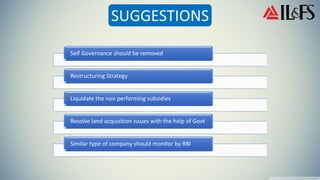 Self Governance should be removed
Restructuring Strategy
Liquidate the non performing subsidies
Resolve land acquisition issues with the help of Govt
Similar type of company should monitor by RBI
 
