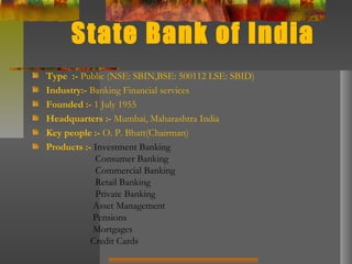 State Bank of India
Type :- Public (NSE: SBIN,BSE: 500112 LSE: SBID)
Industry:- Banking Financial services
Founded :- 1 July 1955
Headquarters :- Mumbai, Maharashtra India
Key people :- O. P. Bhatt(Chairman)
Products :- Investment Banking
Consumer Banking
Commercial Banking
Retail Banking
Private Banking
Asset Management
Pensions
Mortgages
Credit Cards
 