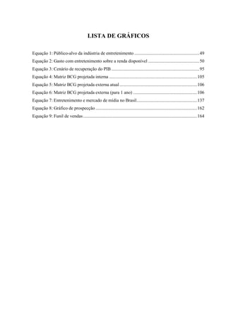 10
LISTA DE GRÁFICOS
Equação 1: Público-alvo da indústria de entretenimento .........................................................49
Equação 2: Gasto com entretenimento sobre a renda disponível .............................................50
Equação 3: Cenário de recuperação do PIB .............................................................................95
Equação 4: Matriz BCG projetada interna .............................................................................105
Equação 5: Matriz BCG projetada externa atual....................................................................106
Equação 6: Matriz BCG projetada externa (para 1 ano) ........................................................106
Equação 7: Entretenimento e mercado de mídia no Brasil.....................................................137
Equação 8: Gráfico de prospecção .........................................................................................162
Equação 9: Funil de vendas....................................................................................................164
 