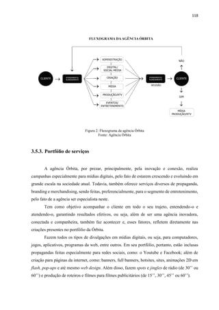 118
Figura 2: Fluxograma da agência Órbita
Fonte: Agência Órbita
3.5.3. Portfólio de serviços
A agência Órbita, por prezar, principalmente, pela inovação e conexão, realiza
campanhas especialmente para mídias digitais, pelo fato de estarem crescendo e evoluindo em
grande escala na sociedade atual. Todavia, também oferece serviços diversos de propaganda,
branding e merchandising, sendo feitas, preferencialmente, para o segmento de entretenimento,
pelo fato de a agência ser especialista neste.
Tem como objetivo acompanhar o cliente em todo o seu trajeto, entendendo-o e
atendendo-o, garantindo resultados efetivos, ou seja, além de ser uma agência inovadora,
conectada e companheira, também faz acontecer e, esses fatores, refletem diretamente nas
criações presentes no portfólio da Órbita.
Fazem todos os tipos de divulgações em mídias digitais, ou seja, para computadores,
jogos, aplicativos, programas da web, entre outros. Em seu portfólio, portanto, estão inclusas
propagandas feitas especialmente para redes sociais, como: o Youtube e Facebook; além de
criação para páginas da internet, como: banners, full banners, hotsites, sites, animações 2D em
flash, pop-ups e até mesmo web design. Além disso, fazem spots e jingles de rádio (de 30’’ ou
60’’) e produção de roteiros e filmes para filmes publicitários (de 15’’, 30’’, 45’’ ou 60’’).
 