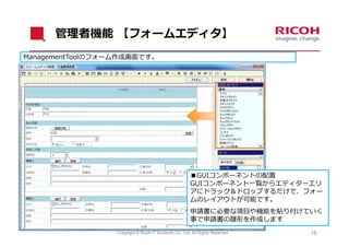 管理者機能 【フォームエディタ】
利用者が使用する文書のレイアウトを作成します。
 ManagementToolのフォーム作成画⾯です。
配置したい項目をドラッグ＆ドロップするだけで、簡単にフォームを作成することができます。




                                                      ■GUIコンポーネントの配置
                                                      GUIコンポーネント⼀覧からエディターエリ
                                                      アにドラック＆ドロップするだけで、フォー
                                                      ムのレイアウトが可能です。
                                                      申請書に必要な項⽬や機能を貼り付けていく
                                                      事で申請書の雛形を作成します
               Copyright © Ricoh IT Solutions Co., Ltd. All Rights Reserved.   15
 