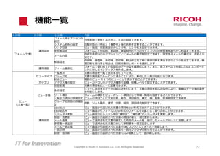 機能⼀覧
⼤分類        中分類    ⼩分類             内容
                  フォームキャプションの
                                  利⽤者側で使⽤するボタン、⽂⾔の設定できます。
                  設定
                  システム名称の設定   回覧状態の「作成」「審査中」等の名称を変更することができます。
                  リンク設定       ビュー画⾯、⽂書画⾯でのリンク先、リンク名を設定できます。
            運⽤設定  参照者設定       フォームごと作成時、承認時、審査時それぞれのタイミングでの参照者をあらかじめ設定できます。
フォーム(⽂書)                      作成や承認などのアクションごとにメールの書式を設定できます。設定するメールの書式は、件名と本
                  メール内容
                              ⽂です。
                              作成時、審査時、承認時、否認時、割込修正完了時に帳票印刷を実⾏するかどうかを設定できます。帳
                  帳票設定
                              票印刷を実⾏する場合は、印刷対象のレポートを選択します
                              フォームで使われている項⽬のデータ型を最適化します。また、各フォームで作成したGUI コンポーネ
            運⽤補助  フォーム最適化
                              ントに対してインデックスを作成します。
                  ⼀覧表⽰        ⽂書の項⽬を⼀覧で表⽰するビューです。
           ビュータイプ グループ化       ⽂書の項⽬をグルーピングすることにより、集約した⼀覧が可能になります。
                  結合ビュー       複数のビュー を１つのビューとして表⽰することができます。
            カテゴリ  アクセス権の設定    ビューカテゴリのアクセス権限を組織、役職レベルで設定することができます。
                  項⽬定義        ⽂書の項⽬をビューに配置できます。
                              ビューに表⽰するデータの絞込みを⾏います。⽂書の項⽬を絞込み条件により、複雑なデータ抽出条件
                  条件設定
                              を可能にします。
            ビュー定義 ソート項⽬       フォームの項⽬をビューのソート項⽬として昇順・降順を設定することができます。
                  ⼀覧出⼒項⽬の詳細設定 ビューの項⽬ごとに⽂字分割、結合、項⽬結合、書式、幅、配置、計算を設定できます。
   ビュー            グループ化項⽬の詳細設
                              件数、ソート条件、書式、分割、結合、項⽬結合を設定できます。
 （⽂書⼀覧）           定
                  CSV出⼒       ビュー画⾯から選ばれた⽂書の項⽬をCSV形式で出⼒することができます。
                  CSV取込み      ビュー画⾯からフォームにCSV形式のファイルを⽂書として取り込むことができます。
                  ステータス更新     ビュー画⾯からシステム項⽬"確認⽇"、"確認者"のステータスを更新します。
                  項⽬⼀括更新      ビュー画⾯から選択された⽂書の項⽬の値を⼀括で更新します。
            運⽤設定  メール送信       ビューで選択された⽂書の指定した内容のメールを、指定したメールアドレスに送信します。
                  参照者⼀括追加     ビューで選択された⽂書に対して参照者を⼀括で設定します
                  メール⼀括送信     ビュー画⾯から選択された⽂書をURLリンクとしてメールで送信します。
                  ⼀括印刷        ビュー画⾯から選択された⽂書を⼀括でブラウザ印刷を⾏うことができます。
                  帳票⼀括印刷      ビュー画⾯から選択された⽂書をPDF帳票として⼀括印刷します。




                          Copyright © Ricoh IT Solutions Co., Ltd. All Rights Reserved.   27
 