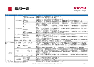 機能⼀覧
⼤分類      中分類     ⼩分類                     内容
                 役職指定                    役職を指定し、ルートを作成することができます。
                 （作成者デフォルトあ              管理者があらかじめルートを定義します。
                 り）                      作成者はフォームの作成権限により⾃動判定されます。
          ルートタイプ 役職指定                    役職を指定し、ルートを作成することができます。管理者があらかじめルートを定義します。
                 個⼈指定                    個⼈を指定し、ルートを作成することができます。管理者があらかじめルートを定義します。
                                         ⽂書毎に作成者がルート作成することができます。作成されたルートをその⽂書の基本ルートとして保
                    個⼈ルート
                                         存することが可能です。
                                         ルートエディタで本⼈のノードを選択すると、申請後、作成者にもう⼀度⽂書を回覧することができま
                    本⼈
                                         す。
  ルート     ルートパーツ                         ルートエディタで⾃由指定ノードを選択すると、次の審査・承認者を利⽤者が⾃由に指定することがで
                    ⾃由指定
                                         きます。終了条件を指定することができます。
                 分岐                      ルートエディタで分岐ノードを選択すると、⽂書内の項⽬の値によって経路を分岐することができます。
                 差戻しの階層指定                差戻しを⾏う際の差戻し先の指定を⾏うことができます。
         ルート設定情報 並⾏承認                    複数⼈数での協議を⾏うことができます。可決⼈数を設定することもできます。
                 ⾶越し承認                   ⾶越し承認を⾏うことができます。
                                         ルートとルートを結び、⼀つのルートにすることができます。組織間を横断するルートの場合、ルート
         結合ルート      結合ルート
                                         メンテナンスの軽減がはかれます。
                                         フォームに配置することで、⽂書内で申請時の上司を⾃動で判定し、審査・承認者として設定するため
         簡易ルートGUI   簡易ルートGUI
                                         のGUIです。管理者がルートを設定しなくても、ルートを設定できます。
レポート（印刷帳                                 フォームで定義した項⽬を印刷⽤のレイアウトに⾃由に配置することができます。利⽤者ではＰＤＦ
         レポート印刷     レポートエディタ
票）                                       ファイルとして提供されます。ひとつのフォームに対して複数のレポートを定義することも可能です。
                                         ⽇本語と英語の切り替えが⾏えます。⽂書内部の項⽬は、フォーム定義時に英語にあわせる必要があり
            環境      英語対応
                                         ます。
           暦設定             暦設定           R@bitFlowで使⽤する暦の設定を⾏います。滞留時処理やフォームの運⽤時間の設定に適⽤されます。
                                         利⽤者に対し、⼀定期間経過したパスワードの変更を促すことができます。 利⽤者が複数回間違えて⼊
                                         ⼒された場合、アカウントのロックが⾏えます。パスワードポリシーの設定ができます。（利⽤者が設
          パスワード          パスワード
                                         定するパスワードに対し、同⼀⽂字の連続回数制限・禁則⽂字の制限・過去パスワードとの⽐較などを
  システム                                   設定することができます。）
                                         利⽤者で作成した⽂書の管理を⾏います。⽂書ステータスの変更、⽂書の削除、参照者の変更が⾏えま
         ⽂書データ管理         ⽂書データ管理
                                         す。
                    システムログ               エラー・障害時のシステムログを表⽰します。
                    アクセスログ               ユーザーがアクセスしたログを表⽰します。
           ログ管理
                    メールログ                送信されたメールのログを表⽰します。
                    CSV出⼒                表⽰されたログの内容をCSVで出⼒することができます。
                                 Copyright © Ricoh IT Solutions Co., Ltd. All Rights Reserved.   28
 