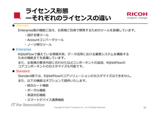 ライセンス形態
        ーそれぞれのライセンスの違い
■ Ultimate
   Enterprise版の機能に加え、お客様ご⾃⾝で開発するためのツールを装備しています。
       ・設計⽀援ツール
       ・Accountコンバータツール
       ・ノーツ移⾏ツール
■ Enterprise
   R@bitFlowで備えている情報共有、データ活⽤における業務システムを構築する
   ための機能全てを装備しています。
   また、お客様の要求内容に合わせたGUIコンポーネントの追加、R@bitFlowの
   コアコンポーネントのカスタマイズも可能です。
■ Standard
   Standard版では、R@bitFlowのコアソリューションのカスタマイズはできません。
   また、以下の機能はオプションで提供いたします。
       ・結合ルート機能
       ・ポータル機能
       ・英語対応機能
       ・スマートデバイス連携機能

                   Copyright © Ricoh IT Solutions Co., Ltd. All Rights Reserved.   35
 