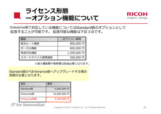 ライセンス形態
         ーオプション機能について
Enterprise版で対応している機能についてはStandard版のオプションとして
拡張することが可能です。 拡張可能な機能は下記３点です。

    機能                              オプション価格
    結合ルート機能                                  800,000 円
    ポータル機能                                   800,000 円
    英語対応機能                                1,500,000 円
    スマートデバイス連携機能                             500,000 円

                  ※導⼊構築費や教育費は別途必要になります。


Standard版からEnterprise版へアップグレードする場合
差額が必要となります。

    項⽬                費⽤

    Standard版               4,800,000 円

    Enterprise版            10,000,000 円

    Enterprise差額            5,200,000 円


                           Copyright © Ricoh IT Solutions Co., Ltd. All Rights Reserved.   37
 