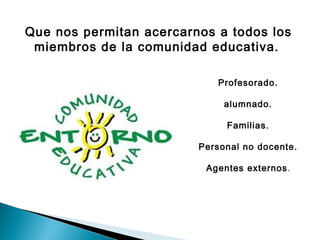 Que nos permitan acercarnos a todos los 
miembros de la comunidad educativa. 
Profesorado. 
alumnado. 
Familias. 
Personal no docente. 
Agentes externos. 
 