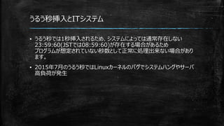 うるう秒挿入とITシステム
▪ うるう秒では1秒挿入されるため、システムによっては通常存在しない
23:59:60(JSTでは08:59:60)が存在する場合があるため
プログラムが想定されていない秒数として正常に処理出来ない場合があり
ます。
▪ 2015年7月のうるう秒ではLinuxカーネルのバグでシステムハングやサーバ
高負荷が発生
 