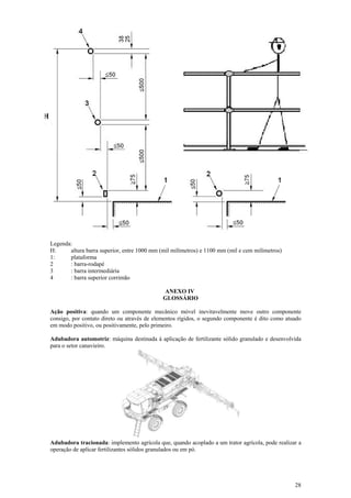 Legenda:
H:     altura barra superior, entre 1000 mm (mil milímetros) e 1100 mm (mil e cem milímetros)
1:     plataforma
2      : barra-rodapé
3      : barra intermediária
4      : barra superior corrimão

                                             ANEXO IV
                                             GLOSSÁRIO

Ação positiva: quando um componente mecânico móvel inevitavelmente move outro componente
consigo, por contato direto ou através de elementos rígidos, o segundo componente é dito como atuado
em modo positivo, ou positivamente, pelo primeiro.

Adubadora automotriz: máquina destinada à aplicação de fertilizante sólido granulado e desenvolvida
para o setor canavieiro.




Adubadora tracionada: implemento agrícola que, quando acoplado a um trator agrícola, pode realizar a
operação de aplicar fertilizantes sólidos granulados ou em pó.




                                                                                                 28
 
