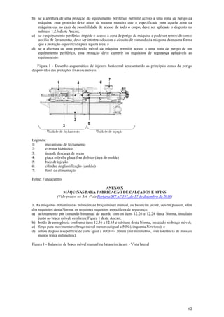 b) se a abertura de uma proteção do equipamento periférico permitir acesso a uma zona de perigo da
   máquina, essa proteção deve atuar da mesma maneira que a especificada para aquela zona da
   máquina ou, no caso de possibilidade de acesso de todo o corpo, deve ser aplicado o disposto no
   subitem 1.2.6 deste Anexo;
c) se o equipamento periférico impede o acesso à zona de perigo da máquina e pode ser removido sem o
   auxílio de ferramentas, deve ser intertravado com o circuito de comando da máquina da mesma forma
   que a proteção especificada para aquela área; e
d) se a abertura de uma proteção móvel da máquina permitir acesso a uma zona de perigo de um
   equipamento periférico, essa proteção deve cumprir os requisitos de segurança aplicáveis ao
   equipamento.

   Figura 1 - Desenho esquemático de injetora horizontal apresentando as principais zonas de perigo
desprovidas das proteções fixas ou móveis.




Legenda:
1:     mecanismo de fechamento
2:     extrator hidráulico
3:     área de descarga de peças
4:     placa móvel e placa fixa do bico (área do molde)
5:     bico de injeção
6:     cilindro de plastificação (canhão)
7:     funil de alimentação

Fonte: Fundacentro

                                                ANEXO X
                    MÁQUINAS PARA FABRICAÇÃO DE CALÇADOS E AFINS
                (Vide prazos no Art. 4ª da Portaria SIT n.º 197, de 17 de dezembro de 2010)

1. As máquinas denominadas balancim de braço móvel manual, ou balancim jacaré, devem possuir, além
dos requisitos desta Norma, os seguintes requisitos específicos de segurança:
a) acionamento por comando bimanual de acordo com os itens 12.26 e 12.28 desta Norma, instalado
    junto ao braço móvel, conforme Figura 1 deste Anexo;
b) botão de emergência conforme itens 12.56 a 12.63 e subitens desta Norma, instalado no braço móvel;
c) força para movimentar o braço móvel menor ou igual a 50N (cinquenta Newtons); e
d) altura do piso à superfície de corte igual a 1000 +/- 30mm (mil milímetros, com tolerância de mais ou
    menos trinta milímetros).

Figura 1 - Balancim de braço móvel manual ou balancim jacaré - Vista lateral




                                                                                                     62
 