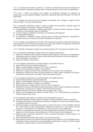 15.7.1.1. A proteção mencionada no subitem 15.7.1 pode ser constituída de tela resistente, desde que sua
malha não permita a passagem de qualquer objeto ou material que possa causar lesões aos trabalhadores.

15.7.2. Para o sistema de proteção contra quedas em plataformas utilizadas em operações de
abastecimento ou que acumulam sujidades, é permitida a adoção das dimensões da Figura 5 do Anexo III
desta Norma.

15.8. O emprego dos meios de acesso de máquinas estacionárias deve considerar o ângulo de lance
conforme Figura 1 do Anexo III desta Norma.

15.9. As passarelas, plataformas, rampas e escadas de degraus devem propiciar condições seguras de
trabalho, circulação, movimentação e manuseio de materiais e:
a) ser dimensionadas, construídas e fixadas de modo seguro e resistente, de forma a suportar os esforços
    solicitantes e movimentação segura do trabalhador;
b) ter pisos e degraus constituídos de materiais ou revestimentos antiderrapantes;
c) ser mantidas desobstruídas; e
d) ser localizadas e instaladas de modo a prevenir riscos de queda, escorregamento, tropeçamento e
    dispêndio excessivo de esforços físicos pelos trabalhadores ao utilizá-las.

15.10. As rampas com inclinação entre 10º (dez) e 20º (vinte) graus em relação ao plano horizontal devem
possuir peças transversais horizontais fixadas de modo seguro, para impedir escorregamento, distanciadas
entre si 0,40 m (quarenta centímetros) em toda sua extensão.

15.11. É proibida a construção de rampas com inclinação superior a 20º (vinte) graus em relação ao piso.

15.12. As passarelas, plataformas e rampas devem ter as seguintes características:
a) largura útil mínima de 0,60 m (sessenta centímetros) para máquinas, exceto para as autopropelidas e
    implementos que devem atender a largura mínima determinada conforme norma técnica especifica;
b) meios de drenagem, se necessário; e
c) não possuir rodapé no vão de acesso.

15.13. Em máquinas estacionárias as escadas de degraus com espelho devem ter:
a) largura mínima de 0,60 m (sessenta centímetros);
b) degraus com profundidade mínima de 0,20 m (vinte centímetros);
c) degraus e lances uniformes, nivelados e sem saliências;
d) altura entre os degraus de 0,20 m (vinte centímetros) a 0,25 m (vinte e cinco centímetros);
e) plataforma de descanso de 0,60m (sessenta centímetros) a 0,80m (oitenta centímetros) de largura e
    comprimento a intervalos de, no máximo, 3,00 m (três metros) de altura.

15.14. Em máquinas estacionárias as escadas de degraus sem espelho devem ter:
a) largura mínima de 0,60 m (sessenta centímetros);
b) degraus com profundidade mínima de 0,15 m (quinze centímetros);
c) degraus e lances uniformes, nivelados e sem saliências;
d) altura máxima entre os degraus de 0,25 m (vinte e cinco centímetros);
e) plataforma de descanso com 0,60m (sessenta centímetros) a 0,80 m (oitenta centímetros) de largura e
    comprimento a intervalos de, no máximo, 3,00 m (três metros) de altura;
f) projeção mínima de 0,01 m (dez milímetros) de um degrau sobre o outro; e
g) degraus com profundidade que atendam à fórmula: 600≤ g +2h ≤ 660 (dimensões em milímetros),
    conforme Figura 2 deste Anexo.

15.15. Em máquinas estacionárias as escadas fixas do tipo marinheiro devem ter:
a) dimensão, construção e fixação seguras e resistentes, de forma a suportar os esforços solicitantes;
b) constituição de materiais ou revestimentos resistentes a intempéries e corrosão, caso estejam expostas
    em ambiente externo ou corrosivo;
c) gaiolas de proteção, caso possuam altura superior a 3,50 m (três metros e meio), instaladas a partir de
    2,0 m (dois metros) do piso, ultrapassando a plataforma de descanso ou o piso superior em pelo
    menos de 1,10 m (um metro e dez centímetros) a 1,20 m (um metro e vinte centímetros);
d) corrimão ou continuação dos montantes da escada ultrapassando a plataforma de descanso ou o piso
    superior de 1,10 m (um metro e dez centímetros) a 1,20 m (um metro e vinte centímetros);
e) largura de 0,40 m (quarenta centímetros) a 0,60 m (sessenta centímetros), conforme Figura 3 do
    Anexo III desta Norma;
f) altura total máxima de 10,00 m (dez metros), se for de um único lance;
g) altura máxima de 6,00 m (seis metros) entre duas plataformas de descanso, se for de múltiplos lances,
    construídas em lances consecutivos com eixos paralelos, distanciados no mínimo em 0,70 m (setenta
    centímetros), conforme Figura 3 do anexo III desta Norma;


                                                                                                       70
 