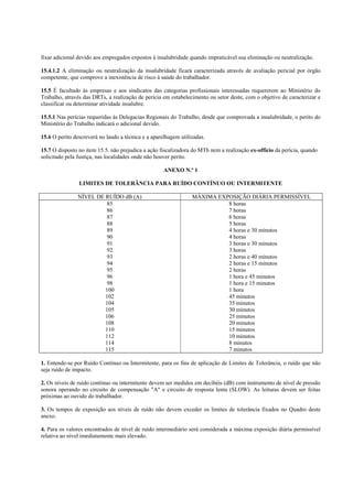 fixar adicional devido aos empregados expostos à insalubridade quando impraticável sua eliminação ou neutralização.

15.4.1.2 A eliminação ou neutralização da insalubridade ficará caracterizada através de avaliação pericial por órgão
competente, que comprove a inexistência de risco à saúde do trabalhador.

15.5 É facultado às empresas e aos sindicatos das categorias profissionais interessadas requererem ao Ministério do
Trabalho, através das DRTs, a realização de perícia em estabelecimento ou setor deste, com o objetivo de caracterizar e
classificar ou determinar atividade insalubre.

15.5.1 Nas perícias requeridas às Delegacias Regionais do Trabalho, desde que comprovada a insalubridade, o perito do
Ministério do Trabalho indicará o adicional devido.

15.6 O perito descreverá no laudo a técnica e a aparelhagem utilizadas.

15.7 O disposto no item 15.5. não prejudica a ação fiscalizadora do MTb nem a realização ex-officio da perícia, quando
solicitado pela Justiça, nas localidades onde não houver perito.

                                                     ANEXO N.º 1

                LIMITES DE TOLERÂNCIA PARA RUÍDO CONTÍNUO OU INTERMITENTE

                NÍVEL DE RUÍDO dB (A)                            MÁXIMA EXPOSIÇÃO DIÁRIA PERMISSÍVEL
                          85                                               8 horas
                          86                                               7 horas
                          87                                               6 horas
                          88                                               5 horas
                          89                                               4 horas e 30 minutos
                          90                                               4 horas
                          91                                               3 horas e 30 minutos
                          92                                               3 horas
                          93                                               2 horas e 40 minutos
                          94                                               2 horas e 15 minutos
                          95                                               2 horas
                          96                                               1 hora e 45 minutos
                          98                                               1 hora e 15 minutos
                         100                                               1 hora
                         102                                               45 minutos
                         104                                               35 minutos
                         105                                               30 minutos
                         106                                               25 minutos
                         108                                               20 minutos
                         110                                               15 minutos
                         112                                               10 minutos
                         114                                               8 minutos
                         115                                               7 minutos

1. Entende-se por Ruído Contínuo ou Intermitente, para os fins de aplicação de Limites de Tolerância, o ruído que não
seja ruído de impacto.

2. Os níveis de ruído contínuo ou intermitente devem ser medidos em decibéis (dB) com instrumento de nível de pressão
sonora operando no circuito de compensação "A" e circuito de resposta lenta (SLOW). As leituras devem ser feitas
próximas ao ouvido do trabalhador.

3. Os tempos de exposição aos níveis de ruído não devem exceder os limites de tolerância fixados no Quadro deste
anexo.

4. Para os valores encontrados de nível de ruído intermediário será considerada a máxima exposição diária permissível
relativa ao nível imediatamente mais elevado.
 