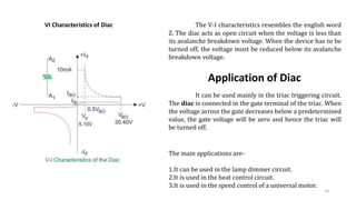 VI Characteristics of Diac The V-I characteristics resembles the english word
Z. The diac acts as open circuit when the voltage is less than
its avalanche breakdown voltage. When the device has to be
turned off, the voltage must be reduced below its avalanche
breakdown voltage.
Application of Diac
It can be used mainly in the triac triggering circuit.
The diac is connected in the gate terminal of the triac. When
the voltage across the gate decreases below a predetermined
value, the gate voltage will be zero and hence the triac will
be turned off.
The main applications are-
1.It can be used in the lamp dimmer circuit.
2.It is used in the heat control circuit.
3.It is used in the speed control of a universal motor.
14
 