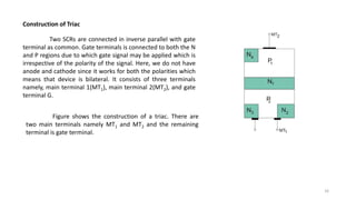Construction of Triac
Two SCRs are connected in inverse parallel with gate
terminal as common. Gate terminals is connected to both the N
and P regions due to which gate signal may be applied which is
irrespective of the polarity of the signal. Here, we do not have
anode and cathode since it works for both the polarities which
means that device is bilateral. It consists of three terminals
namely, main terminal 1(MT1), main terminal 2(MT2), and gate
terminal G.
Figure shows the construction of a triac. There are
two main terminals namely MT1 and MT2 and the remaining
terminal is gate terminal.
16
 