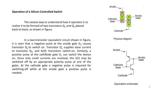 Operation of a Silicon Controlled Switch
The easiest way to understand how it operates is to
realize it to be formed of two transistors Q1 and Q2 placed
back-to-back, as shown in figure.
In a two-transistor equivalent circuit shown in figure,
it is seen that a negative pulse at the anode gate G2 causes
transistor Q1 to switch on. Transistor Q1 supplies base current
to transistor Q2, and both transistors switch-on. Similarly, a
positive pulse at the cathÂode gate G1 can switch the device
on. Since only small currents are involved, the SCS may be
switched off by an appropriate polarity pulse at one of the
gates. At the cathode gate a negative pulse is required for
switching-off while at the anode gate a positive pulse is
needed.
21
 