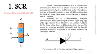 1. SCR
Thyristor or Silicon Controlled Rectifier (SCR)
Silicon Controlled Rectifier (SCR) is a unidirectional
semiconductor device made of silicon. This device is the solid
state equivalent of thyratron and hence it is also referred to as
thyristor or thyroid transistor. In fact, SCR (Silicon Controlled
Rectifier) is a trade name given to the thyristor by General
Electric Company.
Basically SCR is a three-terminal, four-layer
semiconductor device consisting of alternate layers of p-type
and n-type material. Hence it has three p-n junctions J1, J2 and
J3. The figure below shows an SCR with the layers p-n-p-n. The
device has terminals Anode(A), Cathode(K) and the Gate(G).
The Gate terminal(G) is attached to the p-layer nearer to the
Cathode(K) terminal.
https://www.electrical4u.com/thyristor-silicon-controlled-rectifier-scr/
The symbol of SCR or Thyristor is shown in figure above.
5
 