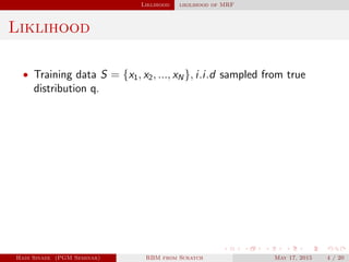 Liklihood likilihood of MRF
Liklihood
• Training data S = {x1, x2, ..., xN}, i.i.d sampled from true
distribution q.
Hadi Sinaee (PGM Seminar) RBM from Scratch May 17, 2015 4 / 20
 