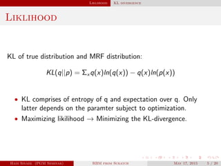 Liklihood KL divergence
Liklihood
KL of true distribution and MRF distribution:
KL(q||p) = Σx q(x)ln(q(x)) − q(x)ln(p(x))
• KL comprises of entropy of q and expectation over q. Only
latter depends on the paramter subject to optimization.
• Maximizing likilihood → Minimizing the KL-divergence.
Hadi Sinaee (PGM Seminar) RBM from Scratch May 17, 2015 5 / 20
 