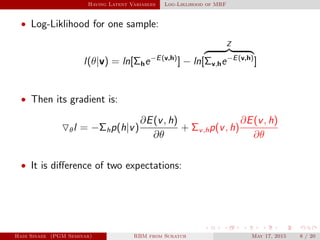 Having Latent Variables Log-Liklihood of MRF
• Log-Liklihood for one sample:
l(θ|v) = ln[Σhe−E(v,h)
] − ln[
Z
Σv,he−E(v,h)
]
• Then its gradient is:
θl = −Σhp(h|v)
∂E(v, h)
∂θ
+ Σv,hp(v, h)
∂E(v, h)
∂θ
• It is diﬀerence of two expectations:
Hadi Sinaee (PGM Seminar) RBM from Scratch May 17, 2015 8 / 20
 