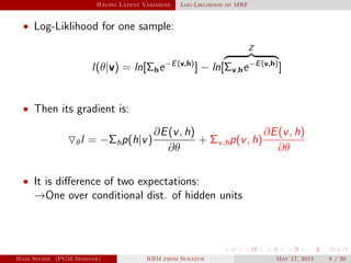 Having Latent Variables Log-Liklihood of MRF
• Log-Liklihood for one sample:
l(θ|v) = ln[Σhe−E(v,h)
] − ln[
Z
Σv,he−E(v,h)
]
• Then its gradient is:
θl = −Σhp(h|v)
∂E(v, h)
∂θ
+ Σv,hp(v, h)
∂E(v, h)
∂θ
• It is diﬀerence of two expectations:
→One over conditional dist. of hidden units
Hadi Sinaee (PGM Seminar) RBM from Scratch May 17, 2015 8 / 20
 