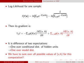 Having Latent Variables Log-Liklihood of MRF
• Log-Liklihood for one sample:
l(θ|v) = ln[Σhe−E(v,h)
] − ln[
Z
Σv,he−E(v,h)
]
• Then its gradient is:
θl = −Σhp(h|v)
∂E(v, h)
∂θ
+ Σv,hp(v, h)
∂E(v, h)
∂θ
• It is diﬀerence of two expectations:
→One over conditional dist. of hidden units
→One over model dist.
• We have to sum over all possible values of (v,h) for this
computation!!
Hadi Sinaee (PGM Seminar) RBM from Scratch May 17, 2015 8 / 20
 