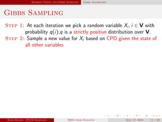 Markov Chain and Gibbs Sampling Gibbs Algorithm
Gibbs Sampling
Step 1: At each iteration we pick a random variable Xi , i ∈ V with
probability q(i);q is a strictly positive distribution over V.
Step 2: Sample a new value for Xi based on CPD given the state of
all other variables
Hadi Sinaee (PGM Seminar) RBM from Scratch May 17, 2015 11 / 20
 