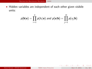 Restricted Boltzmann Machines RBM
• Hidden variables are independent of each other given visibile
units:
p(h|v) =
n
i=1
p(hi |v) and p(v|h) =
m
j=1
p(vj |h)
Hadi Sinaee (PGM Seminar) RBM from Scratch May 17, 2015 14 / 20
 