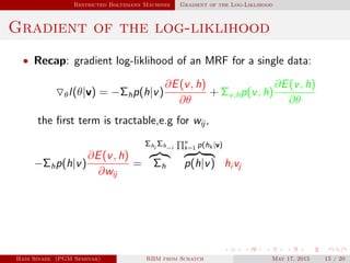 Restricted Boltzmann Machines Gradient of the Log-Liklihood
Gradient of the log-liklihood
• Recap: gradient log-liklihood of an MRF for a single data:
θl(θ|v) = −Σhp(h|v)
∂E(v, h)
∂θ
+ Σv,hp(v, h)
∂E(v, h)
∂θ
the ﬁrst term is tractable,e.g for wij ,
−Σhp(h|v)
∂E(v, h)
∂wij
=
Σhi
Σh−i
Σh
n
k=1 p(hk |v)
p(h|v) hi vj
Hadi Sinaee (PGM Seminar) RBM from Scratch May 17, 2015 15 / 20
 