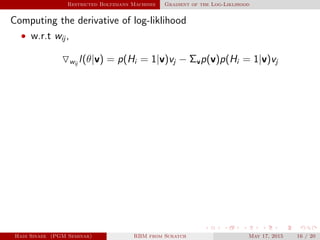 Restricted Boltzmann Machines Gradient of the Log-Liklihood
Computing the derivative of log-liklihood
• w.r.t wij ,
wij
l(θ|v) = p(Hi = 1|v)vj − Σvp(v)p(Hi = 1|v)vj
Hadi Sinaee (PGM Seminar) RBM from Scratch May 17, 2015 16 / 20
 