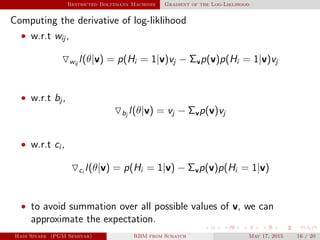 Restricted Boltzmann Machines Gradient of the Log-Liklihood
Computing the derivative of log-liklihood
• w.r.t wij ,
wij
l(θ|v) = p(Hi = 1|v)vj − Σvp(v)p(Hi = 1|v)vj
• w.r.t bj ,
bj
l(θ|v) = vj − Σvp(v)vj
• w.r.t ci ,
ci
l(θ|v) = p(Hi = 1|v) − Σvp(v)p(Hi = 1|v)
• to avoid summation over all possible values of v, we can
approximate the expectation.
Hadi Sinaee (PGM Seminar) RBM from Scratch May 17, 2015 16 / 20
 