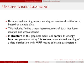 Unsupervised Learning Markov Random Fields
Unsupervised Learning
• Unsupervised learning means learning an unkown distritbution q
beased on sample data.
• This includes ﬁnding a new representatoins of data that foster
learning and generalization.
• If structure of the graphical model and family of energy
function parameterize by θ is known, unsupervised learning of
a data distribution with MRF means adjusting parameters θ.
Hadi Sinaee (PGM Seminar) RBM from Scratch May 17, 2015 3 / 20
 