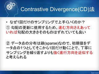 Contrastive Divergence(CD)法
• なぜ1回だけのサンプリングで上手くいくのか？
① 勾配の更新に使用するため、進む方向さえあって
いれば勾配の大きさそのものはずれていても良い
② データ点の分布は疎(sparse)なの...
