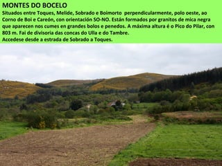 MONTES DO BOCELO
Situados entre Toques, Melide, Sobrado e Boimorto perpendicularmente, polo oeste, ao
Corno de Boi e Careón, con orientación SO-NO. Están formados por granitos de mica negra
que aparecen nos cumes en grandes bolos e penedos. A máxima altura é o Pico do Pilar, con
803 m. Fai de divisoria das concas do Ulla e do Tambre.
Accedese desde a estrada de Sobrado a Toques.
 
