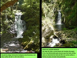 Ao pé de antiga minicentral atópase esta fervenza, con
dous saltos de de 5 e 10 m de altura.
POZO DE CASTRO RODICIO
No rego da Loba, na parroquia de Cambás (Aranga).
O río, moi diminuído polo encoro que hai máis arriba,
salva un desnivel de máis de 20 m en varios saltos e
forma un pozo circular moi profundo.
 