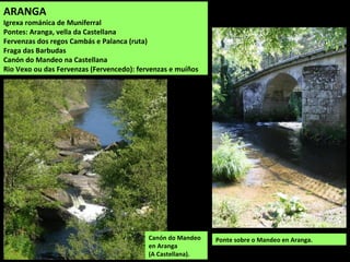 ARANGA
Igrexa románica de Muniferral
Pontes: Aranga, vella da Castellana
Fervenzas dos regos Cambás e Palanca (ruta)
Fraga das Barbudas
Canón do Mandeo na Castellana
Rio Vexo ou das Fervenzas (Fervencedo): fervenzas e muíños
Ponte sobre o Mandeo en Aranga.Canón do Mandeo
en Aranga
(A Castellana).
 