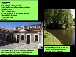 ARTEIXO
Área recreativa de Monticaño
Encoro do Rexidoiro (reserva ornitolóxica)
Fraga de Sisalde
Praias: ruta costeira
Igrexas románicas de Santaia de Chamín
e Santa María de Lañas
Ponte dos Brozos
Balneario
Igrexa románica de Santa
Mariña de Lañas.
Balneario de Arteixo. As augas conteñen sales de cloro,
sodio, iodo, bromo, litio e flúor. Están indicadas para
problemas da pel, reumáticos e respiratorios.
 