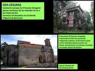 Igrexa románica de
San Nicolao de Cis.
O Sanatorio (O Paraxón, Bragade).
Construído en 1927 con cartos dos
emigrantes cubanos, só funcionou como
centro antituberculoso durantes uns
meses. Actualmente é un parque municipal
cun amplo espazo de bosque.
OZA-CESURAS
Sanatorio e parque de O Paraxón (Bragade)
Igrexas románicas de San Salvador de Cis e
San Pedro de Oza
Fervenzas da Rexedoira no río Mendo
(Filgueira de Barranca)
 