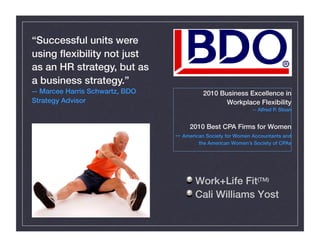 !  Work+Life Fit(TM) !
!  Cali Williams Yost!
“Successful units were
using ﬂexibility not just
as an HR strategy, but as
a business strategy.” !
-- Marcee Harris Schwartz, BDO
Strategy Advisor!
2010 Business Excellence in
Workplace Flexibility!
-- Alfred P. Sloan!
2010 Best CPA Firms for Women!
-- American Society for Women Accountants and
the American Women’s Society of CPAs!
 