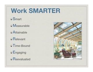 Work SMARTER
!  Smart!
!  Measurable!
!  Attainable!
!  Relevant!
!  Time-Bound!
!  Engaging!
!  Reevaluated!
 