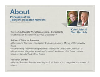 About
Telework & Flexible Work Researchers / Consultants
!   Architects of the Telework Savings CalculatorTM
Authors / Writers / Speakers
!   Undress For Success—The Naked Truth About Making Money at Home (Wiley
2009)
!   Workshifting/Telecommuting Beneﬁts: The Bottom Line (Citrix Online 2010)
!   Entrepreneur Magazine, American Express Open Forum, Wall Street Journal
!   Verizon, WorldatWork, Citrix Online
Research cited in
!   Harvard Business Review, Washington Post, Fortune, Inc magazine, and scores of
others
Kate Lister &
Tom Harnish
Principals of the
Telework Research Network
TeleworkResearchNetwork.com
 