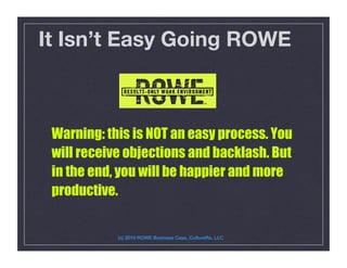 It Isn’t Easy Going ROWE
Warning: this is NOT an easy process. You
will receive objections and backlash. But
in the end, you will be happier and more
productive.
(c) 2010 ROWE Business Case, CultureRx, LLC!
 