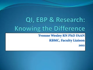 QI, EBP & Research: Knowing the Difference Yvonne Wesley RN PhD FAAN RBMC, Faculty Liaison 2011 