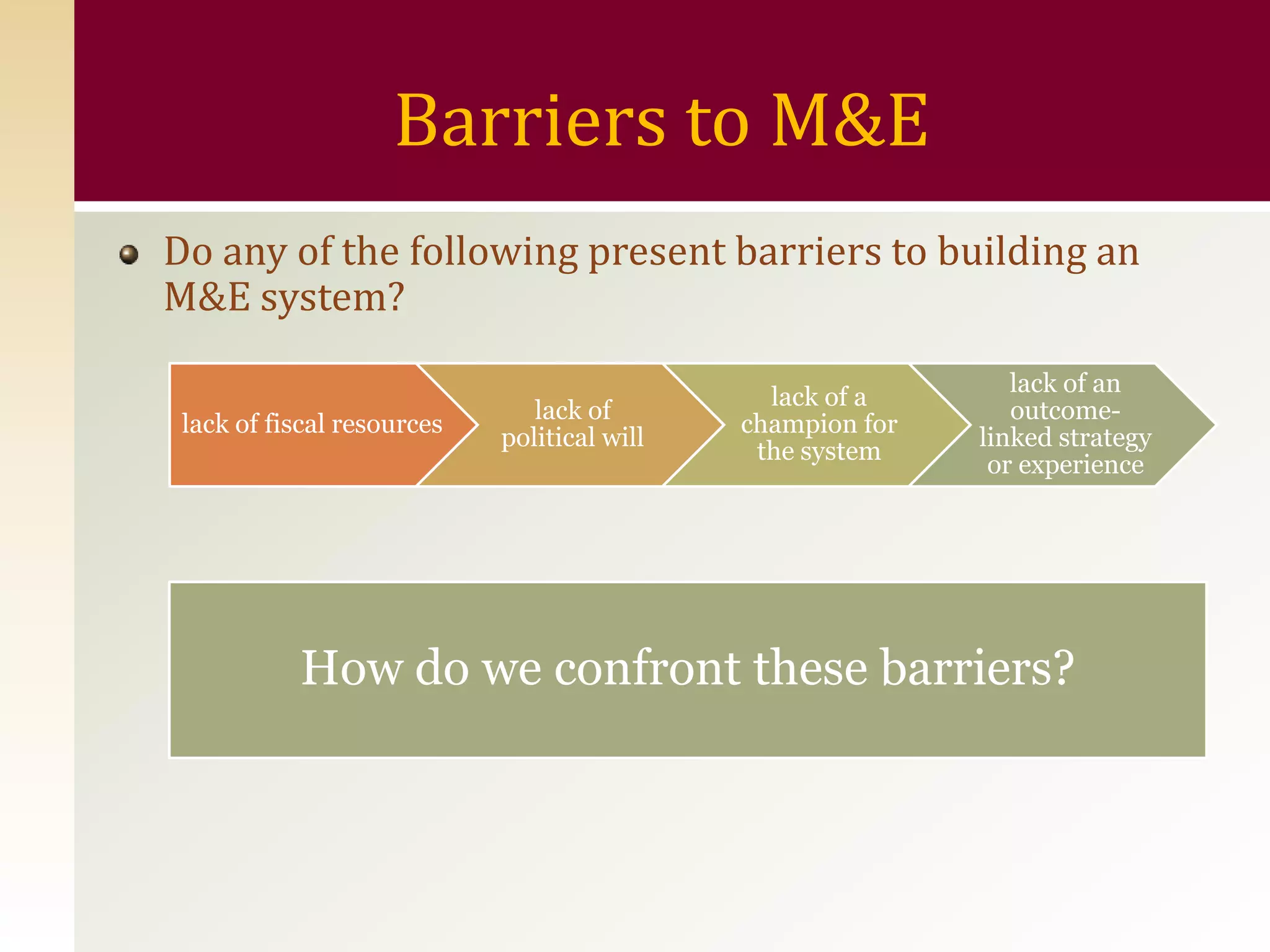 Barriers to M&E
Do any of the following present barriers to building an
M&E system?
                                                               lack of an
                                               lack of a
                               lack of                         outcome-
 lack of fiscal resources                    champion for
                            political will                  linked strategy
                                              the system
                                                             or experience




           How do we confront these barriers?
 