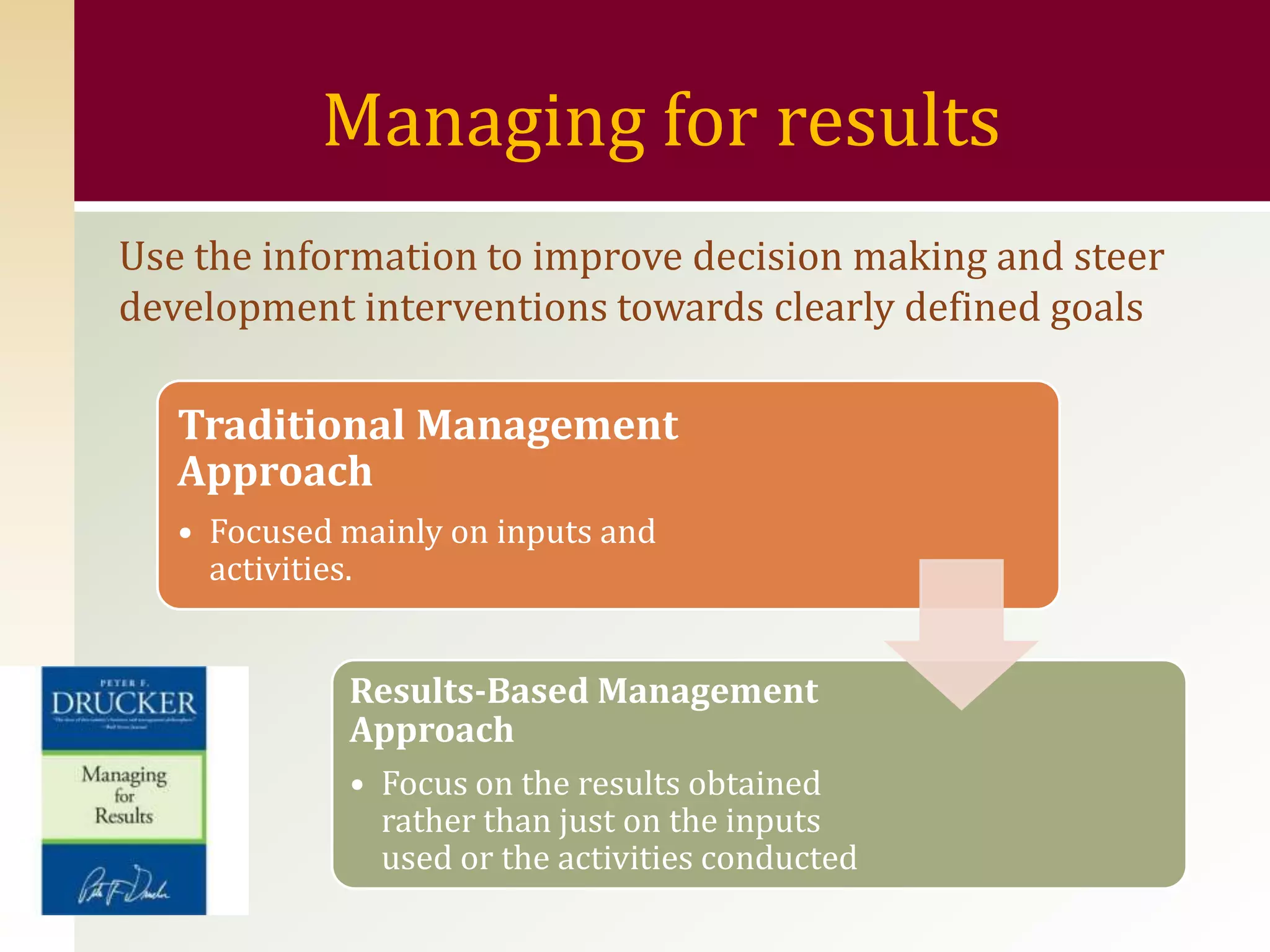 Managing for results
Use the information to improve decision making and steer
development interventions towards clearly defined goals

   Traditional Management
   Approach
   • Focused mainly on inputs and
     activities.


             Results-Based Management
             Approach
             • Focus on the results obtained
               rather than just on the inputs
               used or the activities conducted
 