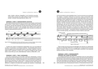 161
REVISTA BRASILEIRA DE MÚSICA _ PROGRAMA DE PÓS-GRADUAÇÃO EM MÚSICA _ ESCOLA DE MÚSICA DA UFRJ
estão: citações, releituras, divagações e uma incoerência assumida-
mente onírica, surreal). Isso é o pós-moderno na pintura e no cinema
também. (Almeida Prado apud Moreira, 2002, p. 59)
COMPASSO 2: PARTE 2: DESENVOLVIMENTO DECEPTIVO
Microdesenvolvimento do tema B que, de maneira interrompida, vai até à quarta
nota do tema. A célula rítmica é composta de seis notas ascendentes (seis fusas
em sextinas: três pela mão esquerda e três pela mão direita). Há um total de pulsos
básicos medidos em 12 por 8. Uma contração nesta medida ocorre quanto ao
desenvolvimento incompleto e pela quantidade menor de pulsos de colcheia em
relação ao desenvolvimento do tema A.
Figura 8. Microdesenvolvimento do tema coral B que vai até a 4a
nota da melodia. Como no tema
A, semelhante desenvolvimento do tema B ocorre em dois planos.
A poética pós-moderna impregnada de objetividade causa uma necessidade de
concisão, e é sintomático o seu tempo econômico. “Sua brevidade deriva precisa-
mente da exigência de uma densidade suprema. Esta proíbe o supérfluo. E assim se
rebela contra a extensão no tempo, que é a base da concepção da obra musical
desde o século XVIII, por certo, desde Beethoven” (Adorno, [1958] 2007, p. 39).
COMPASSO 3: PARTE 1: TEMA C (DEFASAGEM)
Esse tema se desenvolve em seis acordes, sendo que a distribuição e a textura
continuam de maneira homofônica (em cinco vozes). Com exceção do último acorde
que contém sete vozes, a melodia é baseada em um desmembramento arpejado da
harmonia de Lá diminuto com sétima menor. A textura da estrutura parece buscar
alguma referência da tríade convencional – o intervalo de terça. Outro dado con-
siderável é a relação de contraste entre intervalos que recolocam a interpretação
Poesilúdio no.
4 de Almeida Prado _ Sant’Ana, E. H.
Rio de Janeiro, v. 26, n. 1, p. 151-172, Jan./Jun. 2013
REVISTA BRASILEIRA DE MÚSICA _ PROGRAMA DE PÓS-GRADUAÇÃO EM MÚSICA _ ESCOLA DE MÚSICA DA UFRJ
162
estrutural acordal em várias dualidades tonais. É como se ocorresse uma reutilização
dos códigos e condições tradicionais da harmonia, sendo recomentados pelo
compositor, buscando nessas sutilezas, possíveis novos significados. Assim, as novas
disposições criticam indelevelmente o que é o tradicional, por uma nova disposição,
pelos diferentes significados que podem ser atribuídos aos intervalos, que são
elevados à categoria de estrutura acórdica resumida – fixando ideia de síntese, de
essência. Há uma intenção processual de caráter e textura estratificada
(estratificação, mais que nos outros dois temas anteriores). Uma sobreposição de
tipos de materiais que se diferem quanto ao plano de estruturas – mão esquerda e
mão direita. Nestes dois planos, um plano (m.e.) segue intervalos melódicos
consonantes (oitavas: utilizando uma pentatônica do acorde de Dó maior), e outro
plano (m.d.) traz intervalos – consonantes (terças) e pseudodissonantes (quartas),
sendo os acordes quartais, uma referência à música moderna e pós-tonal.
Figura 9. Tema coral C.
Pode-se propor que esse processo de defasagem dos materiais em superposição
de planos em disposições diferentes é conseguido por um deslocamento no eixo do
tempo. O tempo e a altura, em suas recombinações, possibilitam nova disposição
quantos aos planos e seus conteúdos.
COMPASSO 3: PARTE 2: DESENVOLVIMENTO
(VARIAÇÃO POR CLASSES DE MATERIAIS)
O microdesenvolvimento nesta parte 2 é semelhante como em outras partes 2
dosdesenvolvimentosanteriores.Aprimeiranotadecadacéluladodesenvolvimento
tem por base a nota inicial de cada inflexão melódica do tema coral C. Tipos de ma-
teriais são contrastados num compasso de 10 por 8, onde se distribui material cromá-
tico versus tetracordes de escalas diferentes, dispostos nesta ordem: 1º tetracorde
deRésustenidomenor;2ºtetracordedeFá menor;e1ºtetracordedeSibemolmaior.
Poesilúdio no.
4 de Almeida Prado _ Sant’Ana, E. H.
Rio de Janeiro, v. 26, n. 1, p. 151-172, Jan./Jun. 2013
 