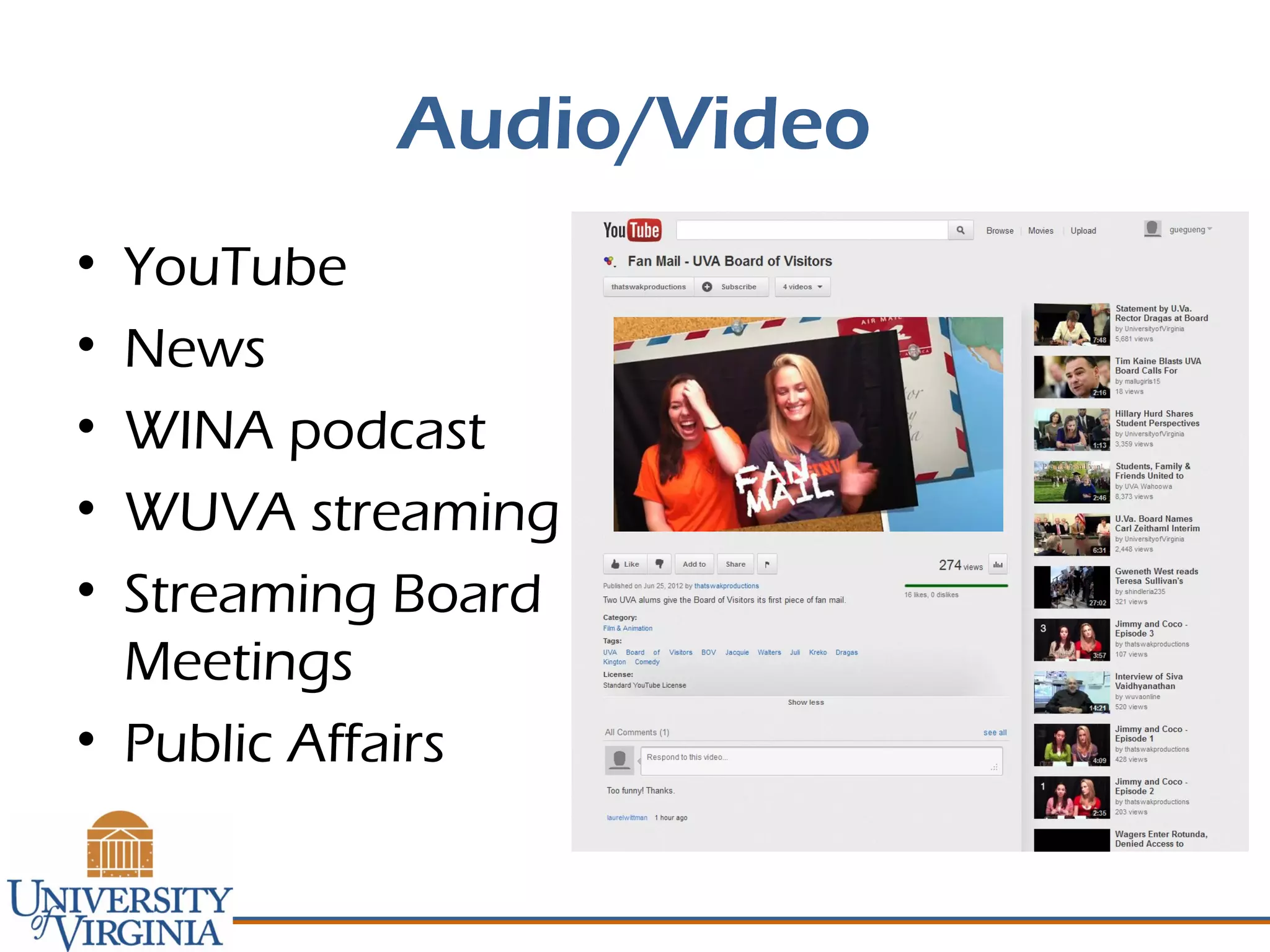Audio/Video
• YouTube
• News
• WINA podcast
• WUVA streaming
• Streaming Board
Meetings
• Public Affairs
 