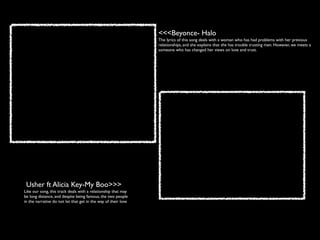 <<<Beyonce- Halo
                                                                The lyrics of this song deals with a woman who has had problems with her previous
                                                                relationships, and she explains that she has trouble trusting men. However, we meets a
                                                                someone who has changed her views on love and trust.




 Usher ft Alicia Key-My Boo>>>
Like our song, this track deals with a relationship that may
be long distance, and despite being famous, the two people
in the narrative do not let that get in the way of their love
 
